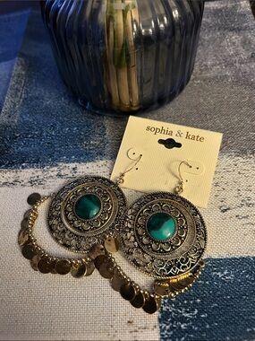 Gold-Tone Filigree Earrings with Teal Center Stones